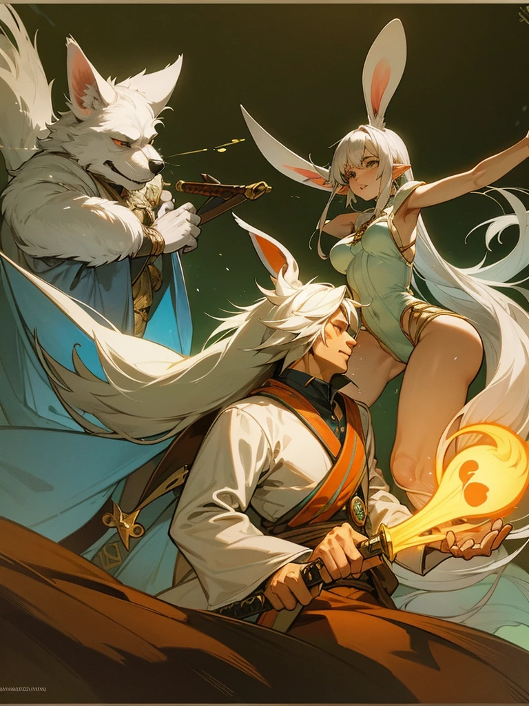 (Mucha style:0.5) , furry , Adventure fantasy, the magician old silver wolf , with the droopy-eared swordsman orange rabbit girl , The Swordsman supports the Magician while he is casting a spell.