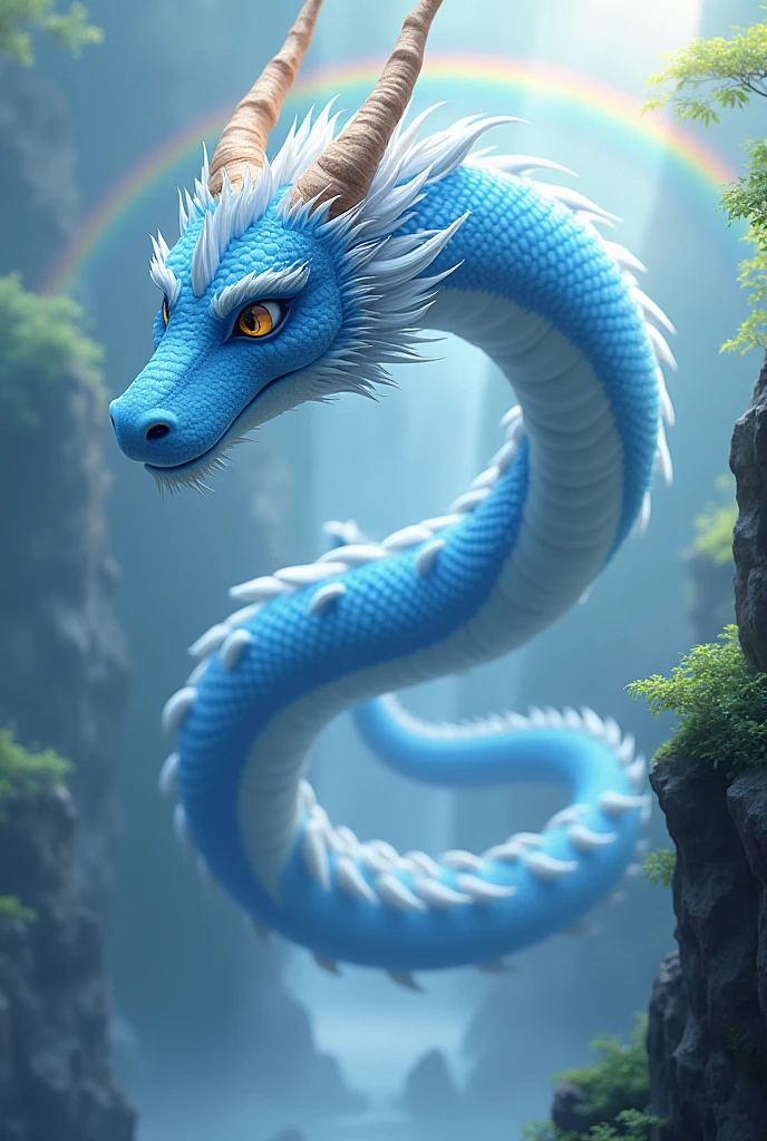 masterpiece, Highest quality,Japan Dragon God、Blue dragon、Rin々A gentle and calm expression、With fluffy fur。Flying in a circle。No wings、Sparkling and kind eyes、Its snake-like, slender body is so long that it doesn&#39;t fit on the screen.、The background is a waterfall and a rainbow