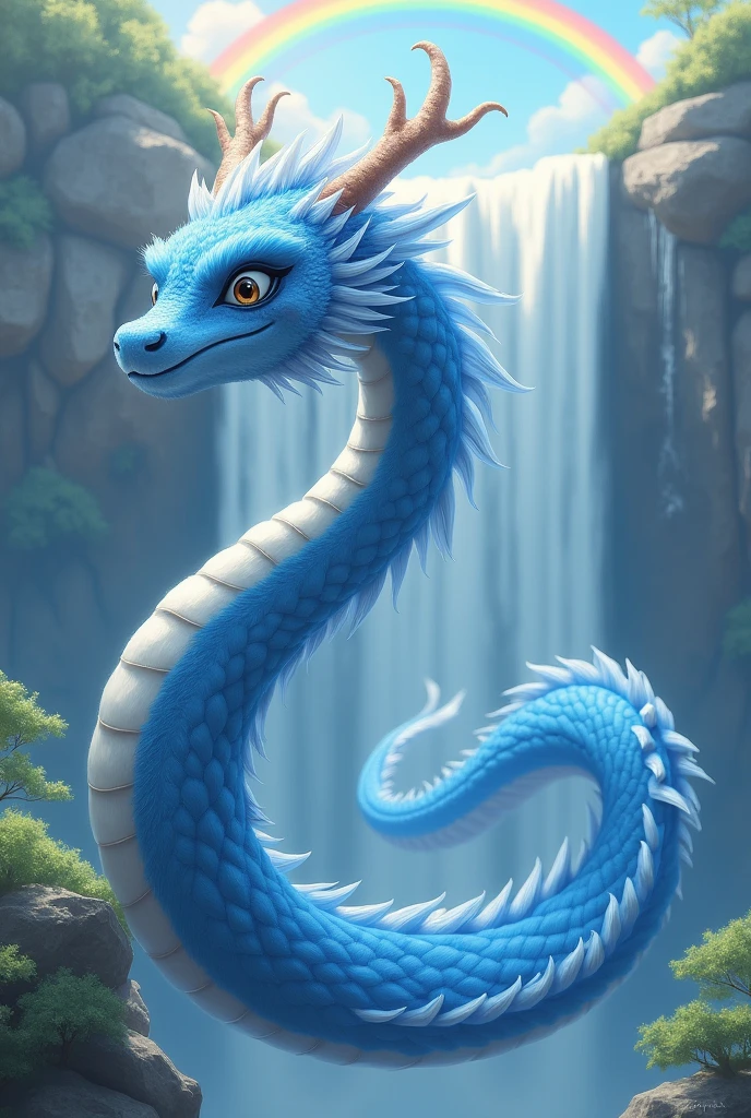 masterpiece, Highest quality,Japan Dragon God、Blue dragon、Rin々A gentle and calm expression、With fluffy fur。Flying in a circle。No wings、Sparkling and kind eyes、Its snake-like, slender body is so long that it doesn&#39;t fit on the screen.、The background is a waterfall and a rainbow