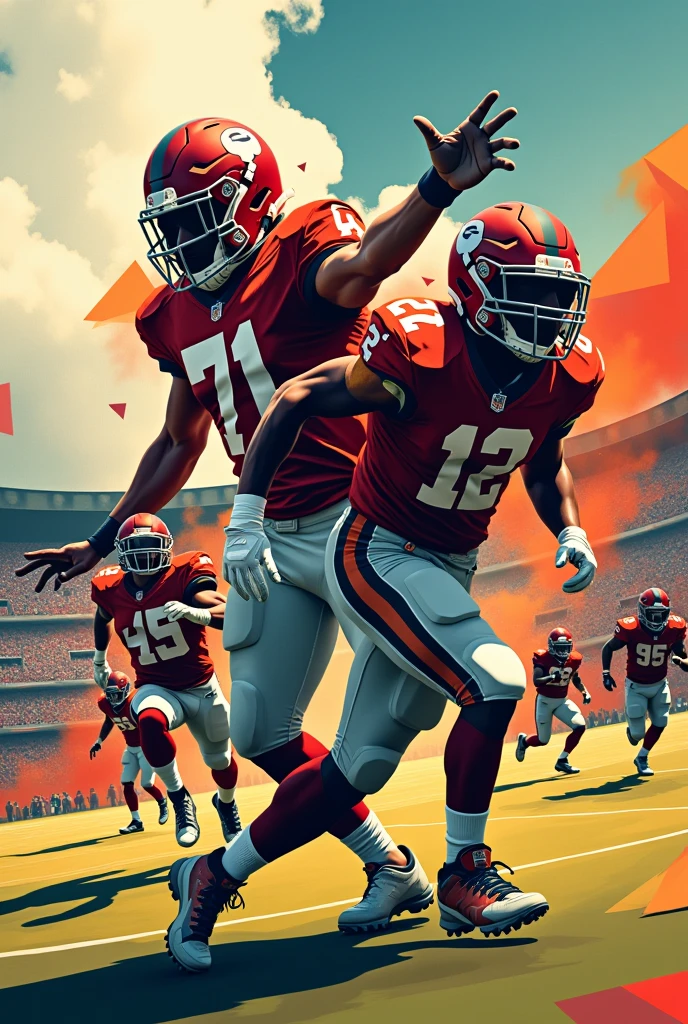 Poster with cubist art depicting the sport of American football.
