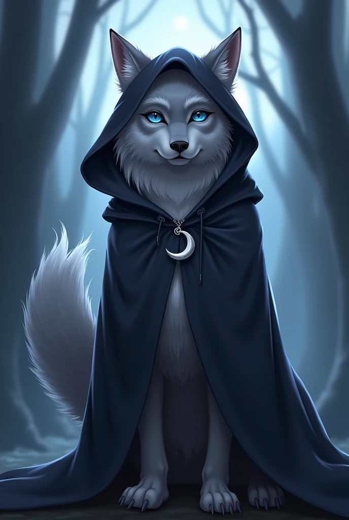 Whisper The Wolf is a medium-sized female wolf with soft, light gray fur., that shines almost silvery in the moonlight. Your eyes are deep blue, transmitting an air of mystery and serenity. She has a long, fluffy tail that sways gently when she is relaxed.. Their ears are pointy, always alert, capturing the subtlest sounds around you.She wears a dark hood that covers part of her face., giving it a mysterious and reserved appearance. On your neck, there is a crescent moon shaped pendant, which she uses as a symbol of her connection to the nocturnal world and its secrets. Whisper is known for her agility and ability to move silently., almost like a whisper (hence its name), becoming nearly invisible in dense forests or deep shadows.Whisper is a lone wolf, but she has a kind heart and is always willing to help those in need. She has a strong sense of justice and protects her territory against invaders and threats.. Although she is cautious and a little suspicious at first, she deeply values friendship and loyalty, in the form of a Sonic-style character.