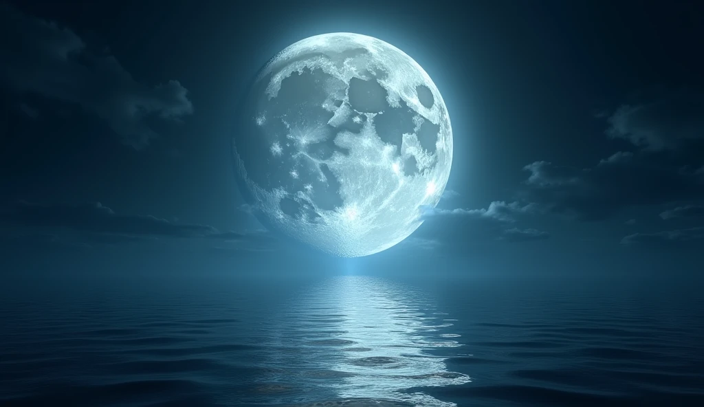 A close-up shot of the Full Super Moon hovering low in the sky, casting a bright, reflective glow over a calm ocean. The image captures the moon’s intense light, with gentle waves shimmering in its reflection. The setting is peaceful and evocative of deep introspection. --ar 16:9