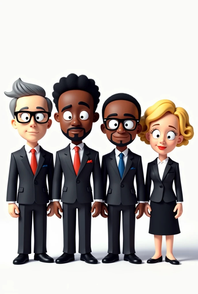 little dolls separated on a white background each one wearing a suit, a white man with prescription glasses,  a black man with glasses, a white woman with black hair and a white woman with short blonde curly hair. The dolls have to be drawn as if they were South Park characters