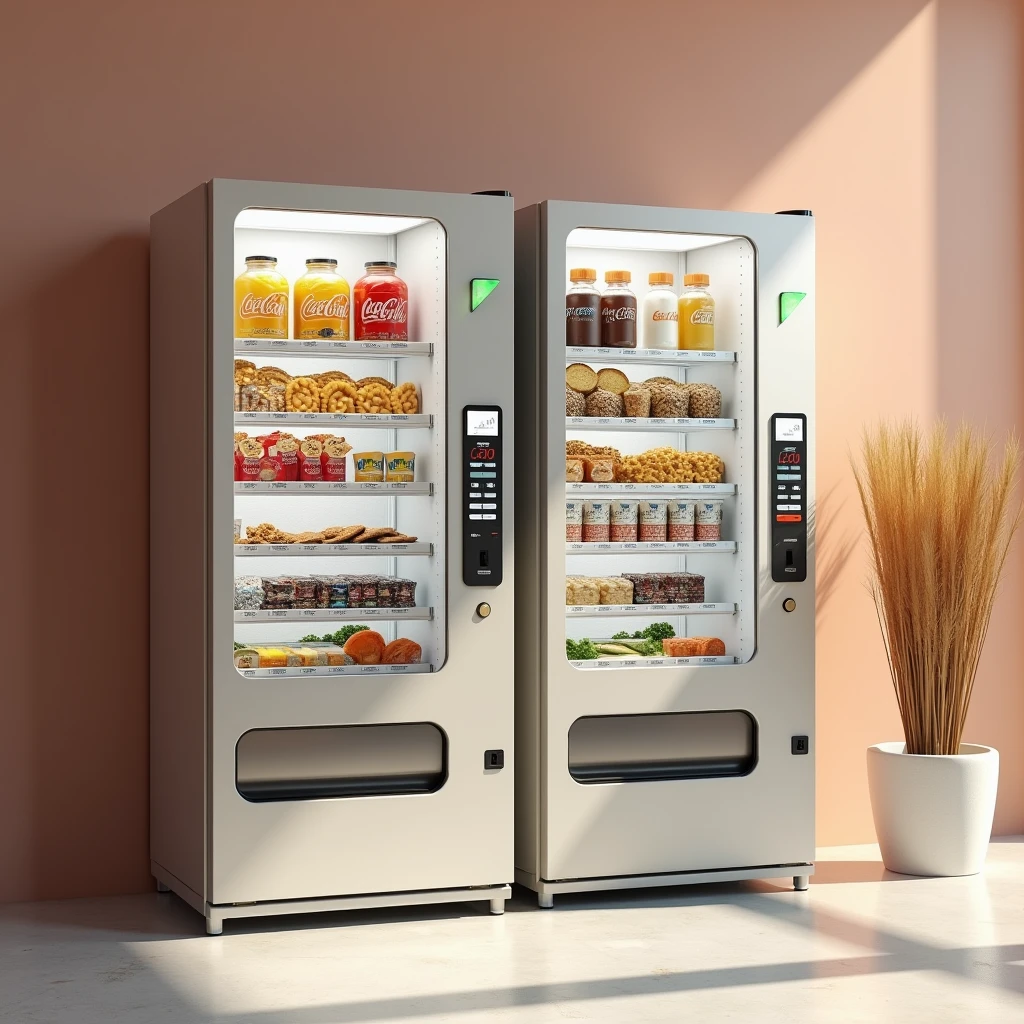 infinite snack vending machine, infinite coffee vending machine, room, solid background