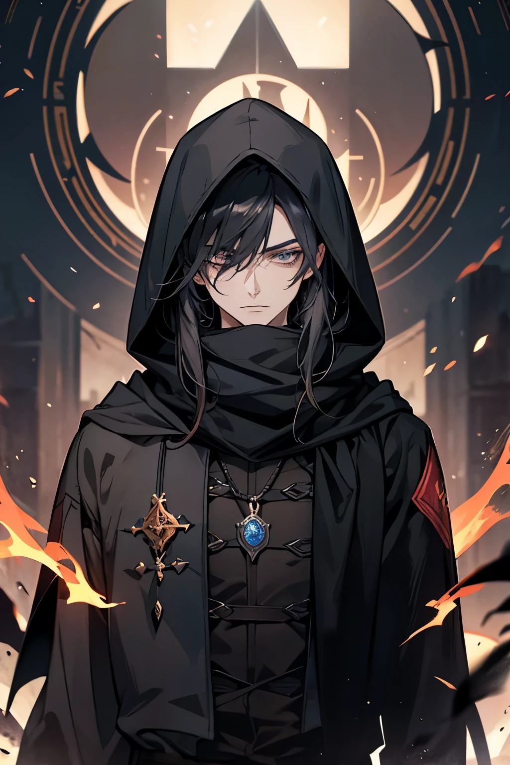 male, medium long length hair with bangs, black hair, blue-grey eyes, beautiful, black tattoos, lean body, hooded scarf, rogue mage, pyromaniac, medieval