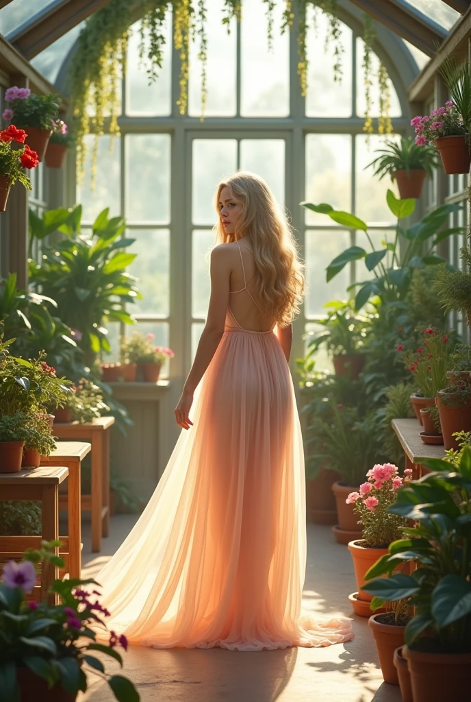 Femme blonde en robe en tulle pastel, dans une serre intérieure transformée en salon, entourée de plantes exotiques et de fleurs, avec un éclairage naturel créant une ambiance de jardin secret