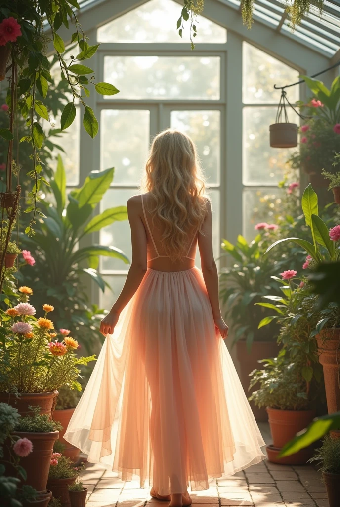 Femme blonde en robe en tulle pastel, dans une serre intérieure transformée en salon, entourée de plantes exotiques et de fleurs, avec un éclairage naturel créant une ambiance de jardin secret