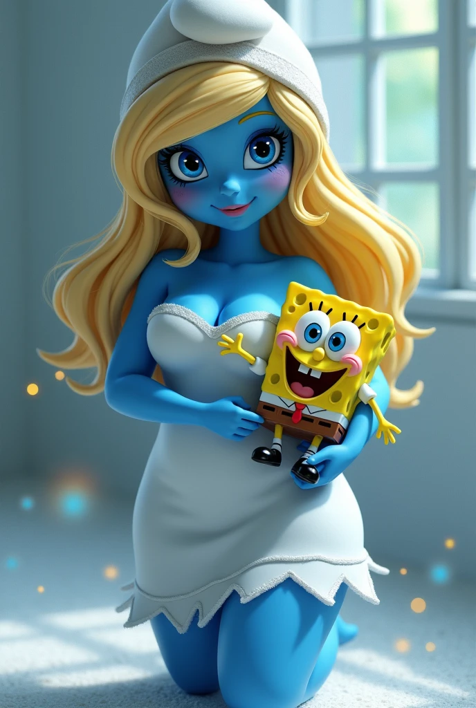 (1girl, smurfetteOC:1), cute, (hat, white dress:1.2), looking at viewer, (from below:1), (curvy), light smile, sexy,( colored skin, blue skin, blonde:1.2), (cartoon:1.2), smol,
(simple background, particles:1), (full body:1),  erotic action scene an adult blue Smurfettel, 20 years old taking a bath  holding a happy SpongeBob ,uhd,4 k,nsfw,shiny 
(masterpiece:1.2), (best quality, highest quality), (ultra detailed), (8k, 4k, intricate), (50mm),
 