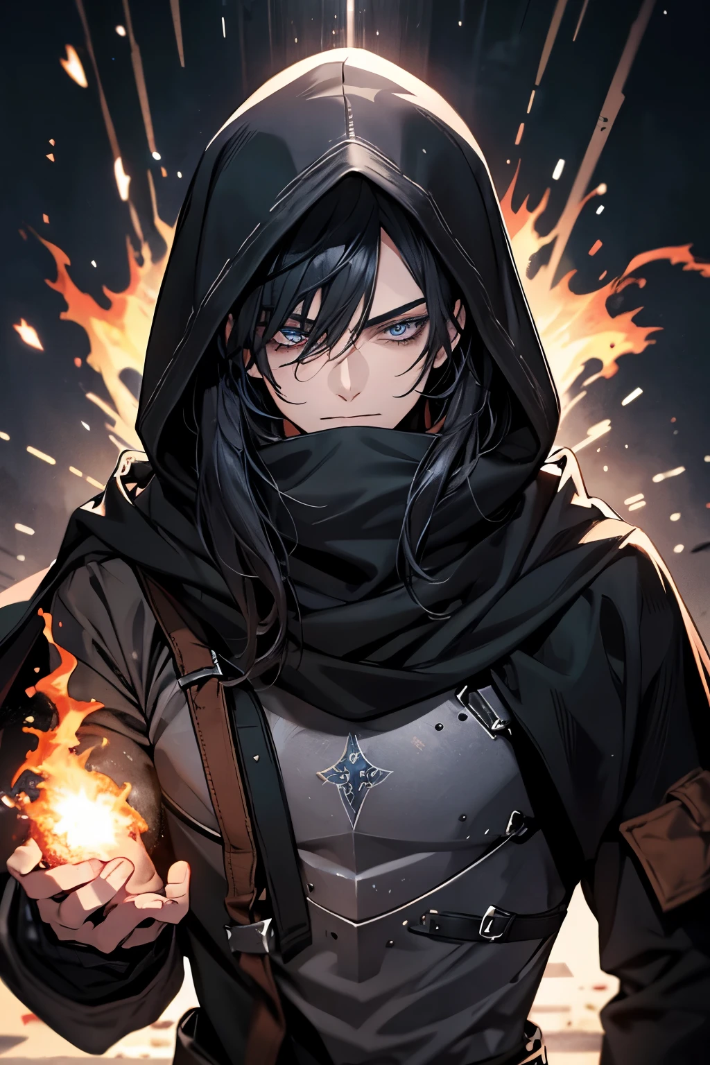 male, medium long length hair with bangs, black hair, blue-grey eyes, beautiful, black tattoos, lean body, hooded scarf, rogue mage, pyromaniac, medieval