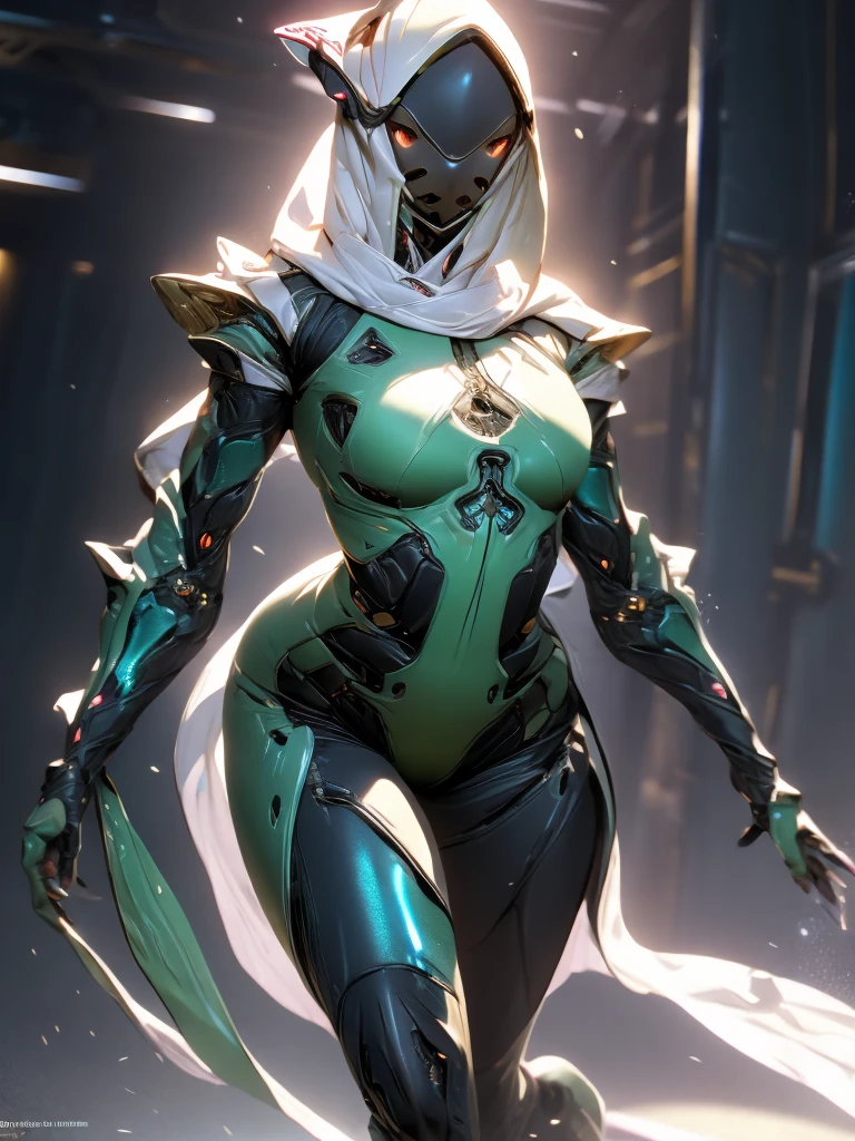 (masterpiece, top quality, best quality, official art, beautiful and aesthetic:1.2), full body view, detailed background, orokin background, warframe, depth of field, wide angle view, 

Action pose, action scene, gun in hand, armed, shooting, in combat, fighting,

Beautiful young girl, human face, pretty, pale, white hair, seaweed green inner, dense hair, bangs, detailed hair, cute oval face, detailed eyes, perfect eyes, sea green eyes, glowing eyes, sweaty, shiny skin, detailed skin, slightly flushed cheeks, full lips, slightly parted lips, sexy lips, kind,

Tall, lean, fit, curvy, athletic, cyborg, mechanical parts, thick thighs, big breasts, detailed legs, perfect legs, detailed arms, perfect arms, detailed hands, 

Wisp, wisp pelvic curtain, wisp scarf, tight fitting outfit, tight fitting bodysuit, showing some skin, light upper armour, skin indentation, covered breast, bare midriff, bare waist, thigh gap, tiny healed scars, toned, translucent parts,

Sfw