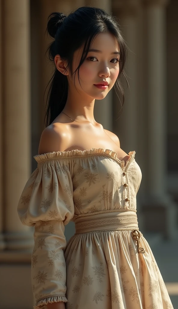 1girl, (defined body:1.6), medieval dress, short hair, black hair,daisyrdl, medium length hair, hair pulled back, ponytail, hair bun, blonde hair, serious, smile. Full body 