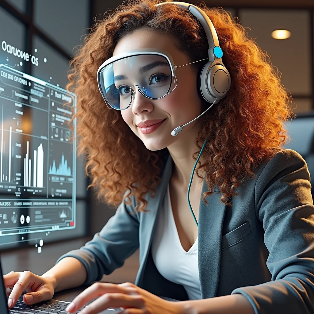 Create an image of a young woman resembling Andy Allo, working as a customer service representative in a futuristic setting. She has medium-length, curly hair with a golden brown hue and a warm skin tone. She is wearing a casual yet professional outfit, like a fitted jacket over a simple blouse. The setting around her is a high-tech office space with holographic screens and digital interfaces floating around her. She is seated at a sleek desk with a headset on, and her expression is focused yet approachable, capturing the charm and elegance similar to Andy Allo. The background features large windows showing a cityscape with tall buildings and a bright, clear sky.