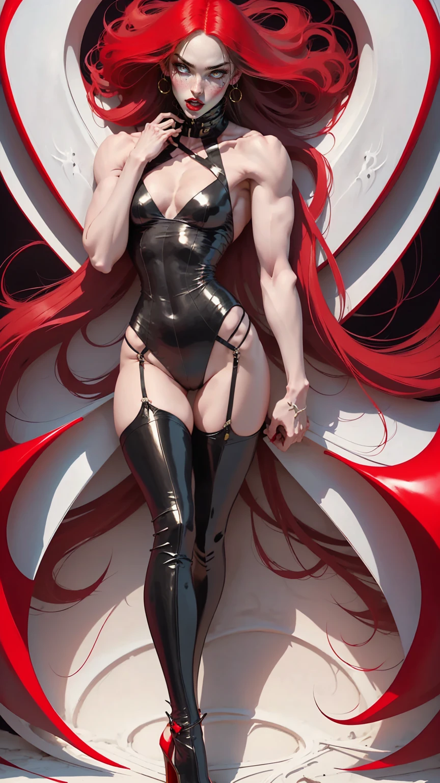 (megan fox), young vampire girl, bodybuilder physique, seductive face, seductive look, long red hair, perfect muscular body, long thin legs, (leather leotard, thigh highs & high heels), small breasts, (huge muscular shoulders:1.45), (full body shot), (blank background:1.25), MeganF_SoloTI_v1