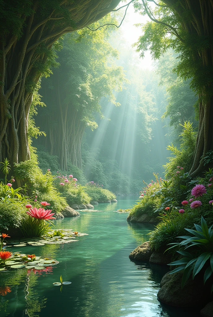Inside a room there is a beautiful forest that has many flowers and a beautiful lake..