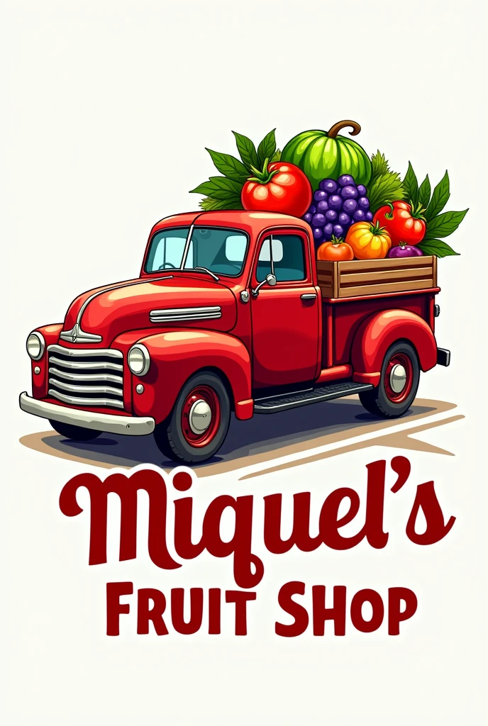 Logo of a red truck with fruits and vegetables With the name (MIGUEL'S FRUIT SHOP) in Spanish