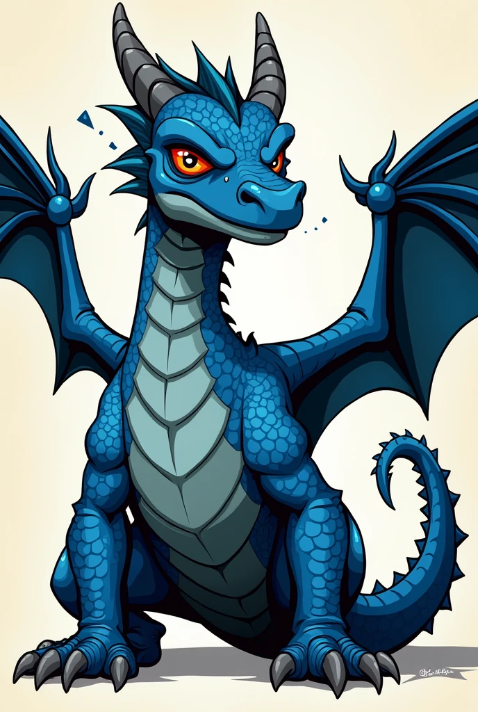 Create a blue dragon inspired by the one on the box of the latest D&D introductory kit. The dragon should have a deep blue color, with a broken horn and a scar on its left eye, which is blind and shows signs of an explosion injury. The wings should appear damaged, with sections torn or cut. Ensure the dragon’s features are depicted in a traditional comic book style, using bold outlines and flat colors to emphasize the dragon’s fierce and battle-worn appearance. The background should be plain to highlight the detailed features and damage on the dragon.