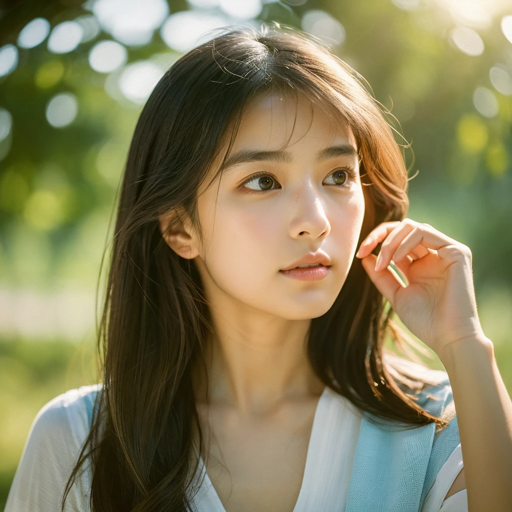 A hyper-realistic image of a single Japanese woman in her early 20s, captured with the nostalgic warmth and subtle graininess of a film camera. Her skin has a warm beige tone with a natural, slightly rough texture that includes visible pores, fine lines, and subtle imperfections such as small blemishes, adding to the authenticity of her appearance. The soft, diffused natural light enhances the film-like quality, casting gentle shadows that create a timeless, organic feel. Her straight, glossy black hair frames her face in a natural, slightly tousled manner, and her deep brown eyes reflect the ambient light, adding depth and emotion. The film camera effect introduces a slight grain and a softer focus, giving the image a warm, nostalgic atmosphere while maintaining the realistic texture of her skin. A subtle hint of summer is present, as the light plays off the slight sheen of her sun-kissed skin, and a gentle breeze lightly tousles her hair. The background softly hints at a summer setting, with a glimpse of bright, sunlit greenery or the suggestion of a warm, clear sky. She is dressed simply, perhaps in light, breathable fabrics that suggest the warmth of the season, complementing her natural beauty. The overall composition is designed to evoke a sense of genuine, understated elegance, capturing the imperfections and summer warmth that make her beauty truly lifelike, focusing solely on this one individual.