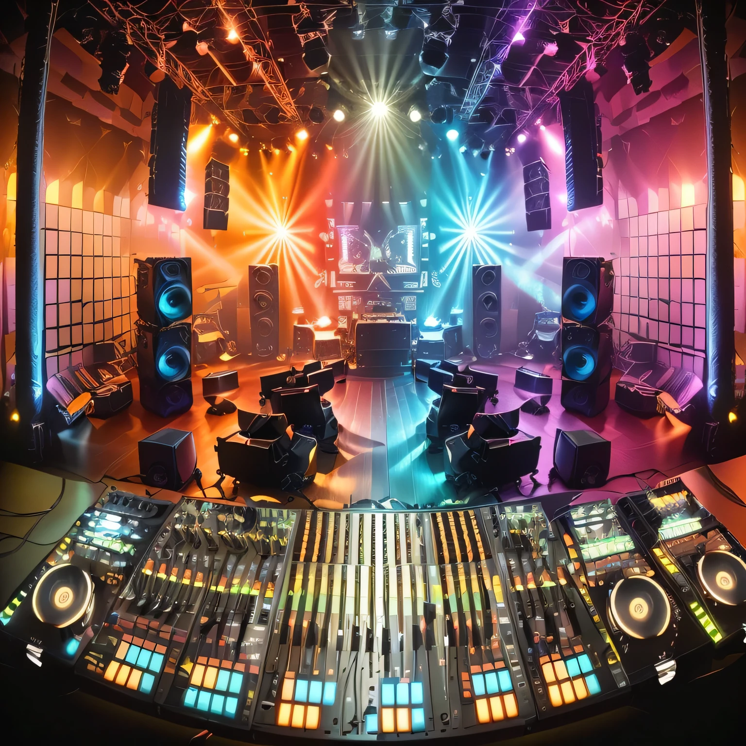 An overhead view of a soundboard in a recording studio with lights, stage in a club, nightclub background, live concert lighting, elaborate stage effects, Mixing, audio equipment, dj, vibrant atmosphere, best in stock from Adobe, club lighting, Featured Studio, stage lights, reflecting light in a nightclub, flashing concert lights, dj mixer, Dramatic and colorful lighting