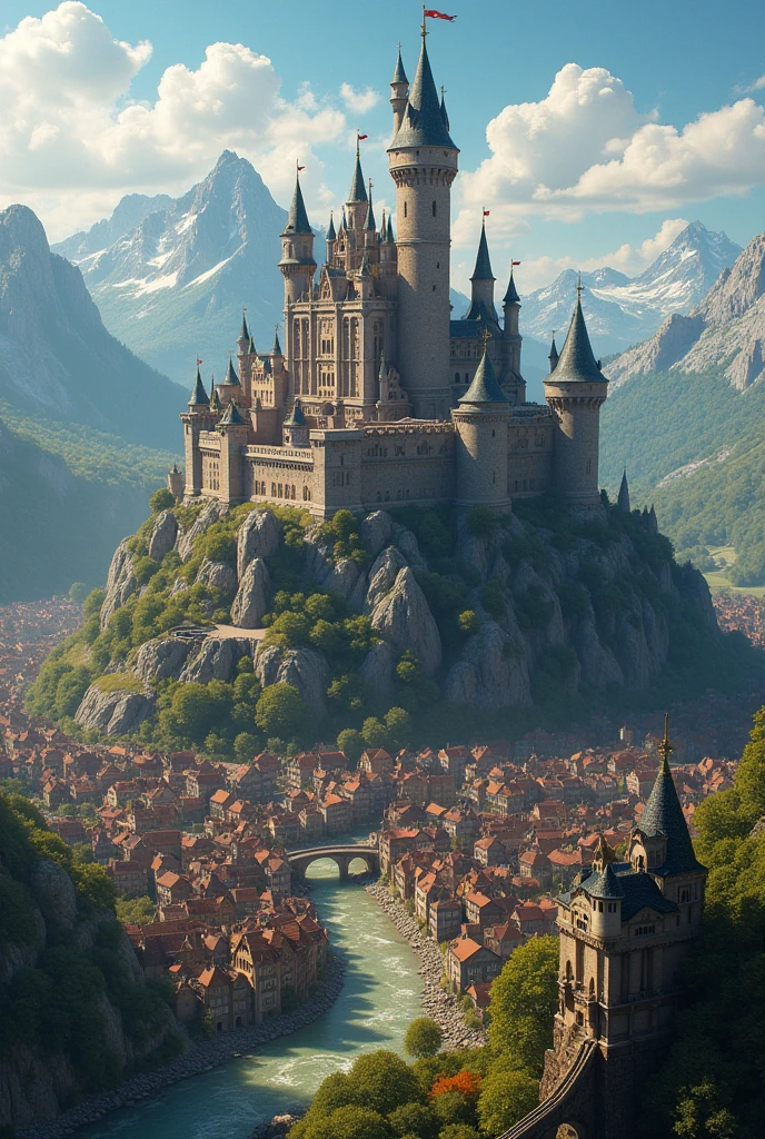 I want a castle from above where you can see the houses and markets and in the background of the image the castle wall