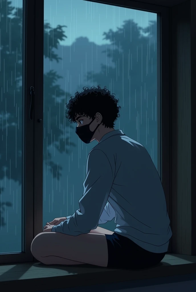Anime boy with black curly hair wearing a white dress shirt with long sleeves and black boxer briefs wearing a black surgical mask sitting in an anime pose in front of a window with a rainy forest landscape at night, realistic anime 3d style, Ilya Kuvshinov. 4K, anime styling, photorealistic anime, Guweis style, Anime CG Art, pose de anime, frontal photo, whole body