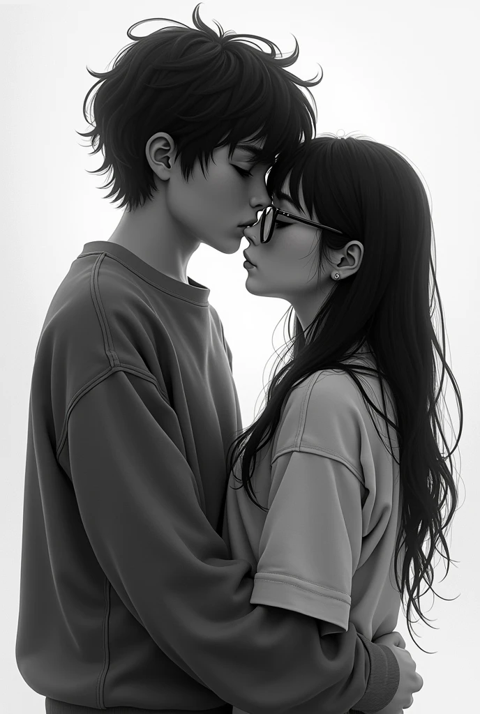 Back of tall, thin boy, with semi-long wavy hair in black and white with Argentine features, with sad sweatshirt kissing a short girl with glasses long black hair and bangs with Bolivian features with sweatshirt