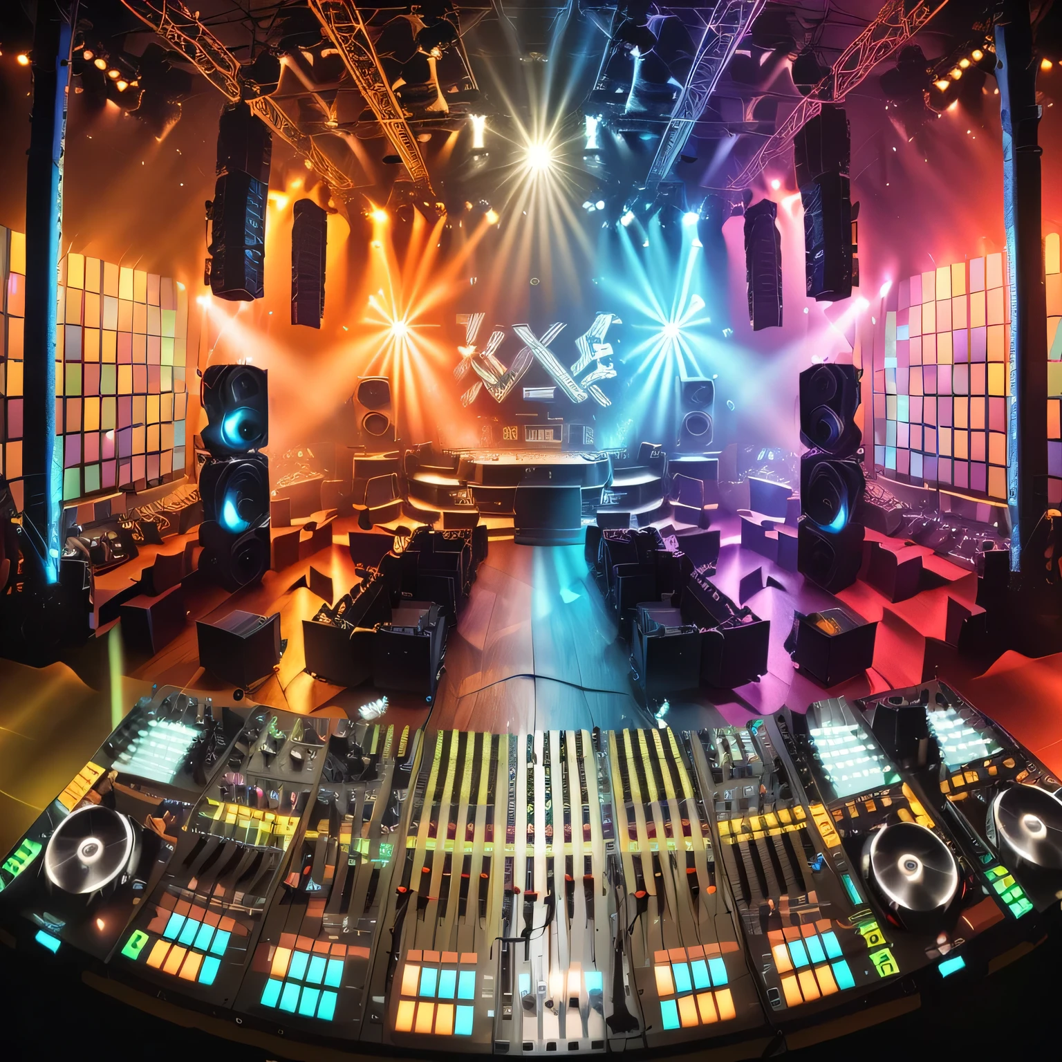 An overhead view of a soundboard in a recording studio with lights, stage in a club, nightclub background, live concert lighting, elaborate stage effects, Mixing, audio equipment, dj, vibrant atmosphere, best in stock from Adobe, club lighting, Featured Studio, stage lights, reflecting light in a nightclub, flashing concert lights, dj mixer, Dramatic and colorful lighting