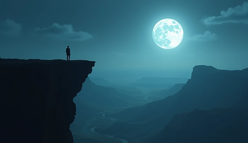An evocative silhouette of a person standing on a cliff edge, bathed in the moon’s ethereal light. The cliff overlooks a vast, illuminated landscape with the Full Super Moon casting a dramatic glow. The scene is filled with a sense of solitude and wonder. --ar 16:9