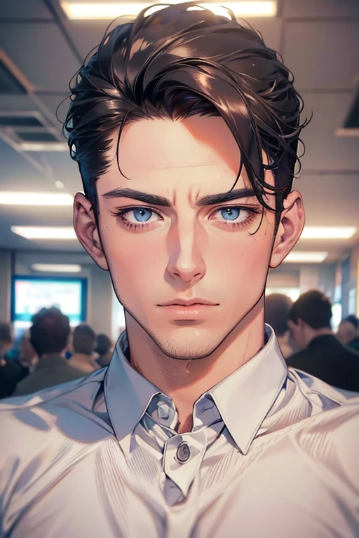(Best Quality,4k,8k,high resolution,Masterpiece:1.2),ultra detailed,(realist,photorealist,photo-realist:1.37),1 man,31 years,mature man,very handsome,without expresion,muscled body,short gray black hair,Blue eyes,glare,perfect face without mistakes,imposing posture,businessman,office background,cinematic lighting,imagen HDR