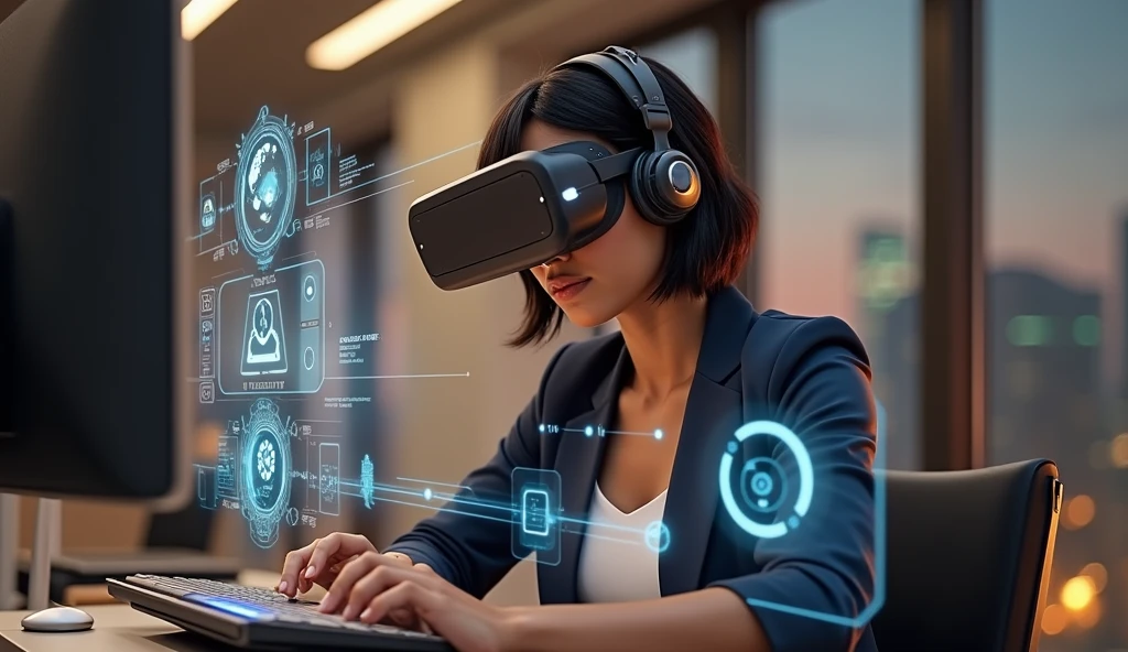 Create a photorealistic image of a young woman resembling Andy Allo, wearing a VR headset while working as a customer service representative in a futuristic setting. She has short, black hair and a warm skin tone. The woman is seated at a sleek desk with holographic interfaces surrounding her, indicating she is deeply focused on her tasks. Her posture and facial expression, visible beneath the headset, show intense concentration. The background includes a high-tech office space with large windows displaying a futuristic cityscape. The atmosphere should convey a sense of immersion and focus, with the VR technology enhancing her work environment.