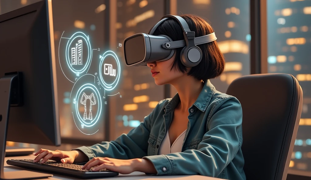 Create a photorealistic image of a young woman resembling Andy Allo, wearing a VR headset while working as a customer service representative in a futuristic setting. She has short, black hair and a warm skin tone. The woman is seated at a sleek desk with holographic interfaces surrounding her, indicating she is deeply focused on her tasks. Her posture and facial expression, visible beneath the headset, show intense concentration. The background includes a high-tech office space with large windows displaying a futuristic cityscape. The atmosphere should convey a sense of immersion and focus, with the VR technology enhancing her work environment.