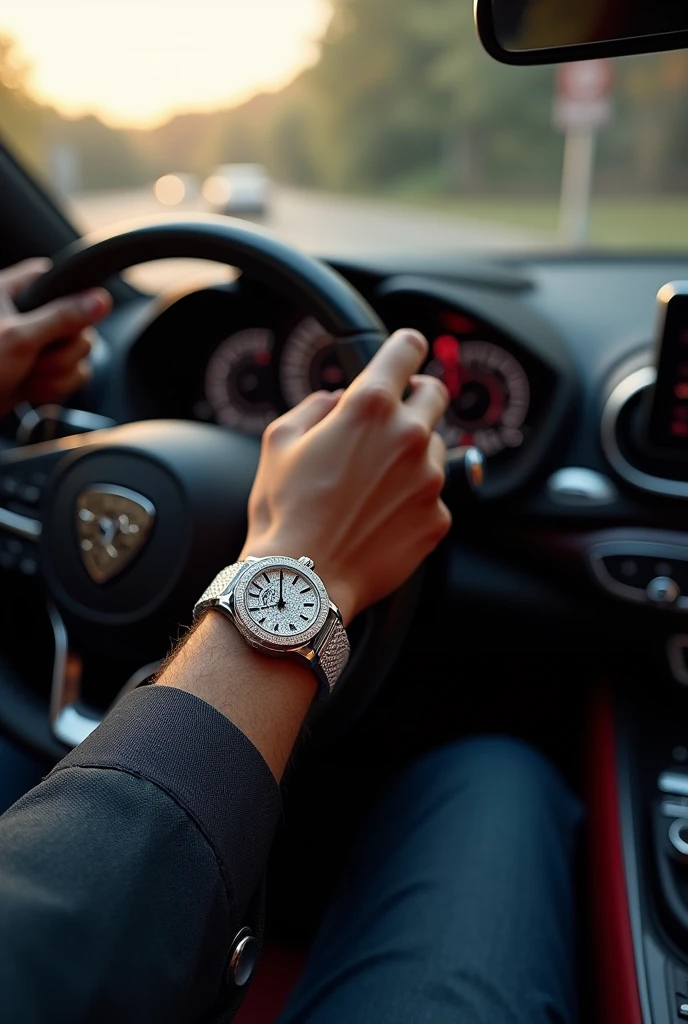 First person point of view Diamond watch behind the wheel of a foreign car