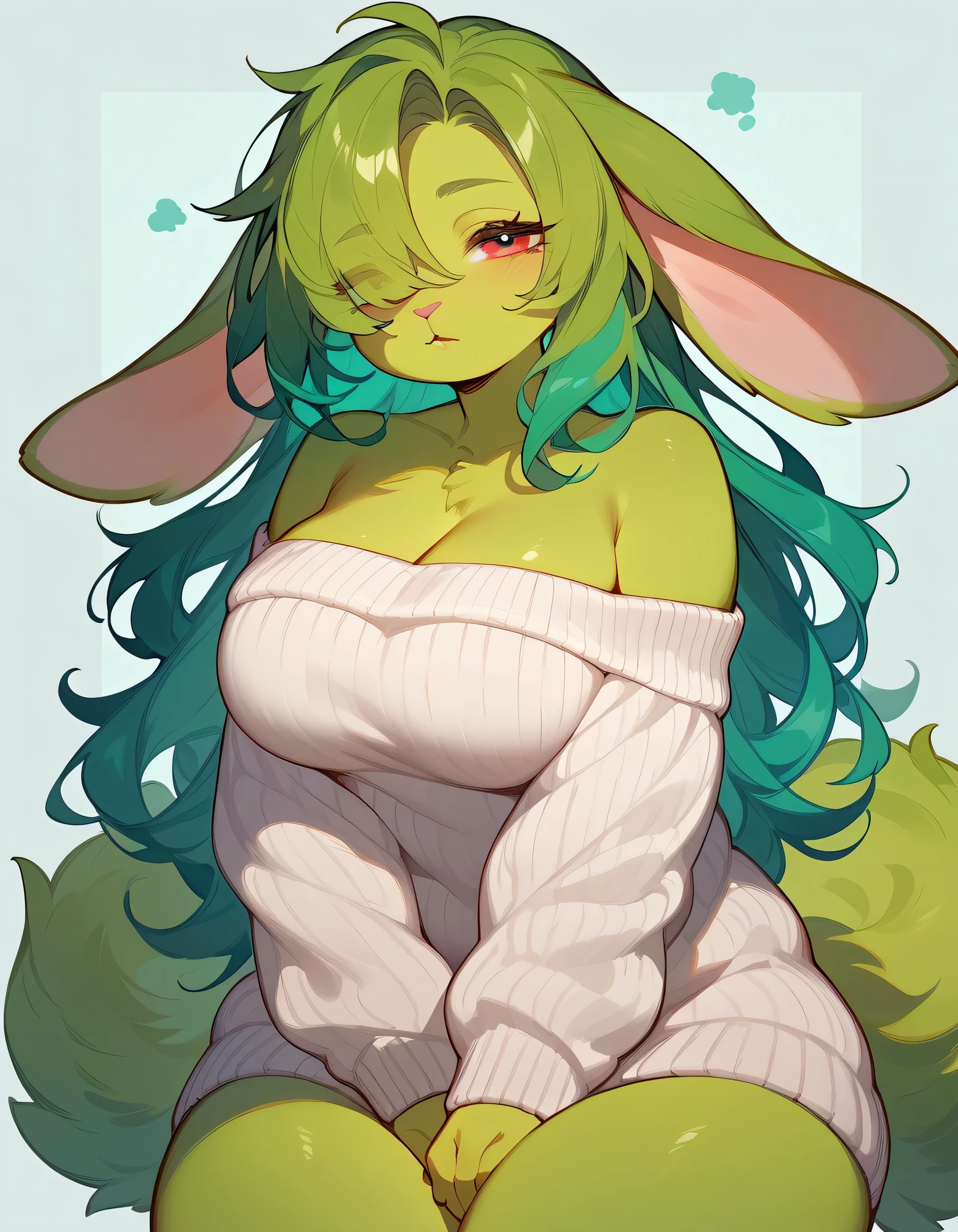 1 rabbit girl, furry, anthro, green skin, green fur, green hair, green face, hair over one eye, chubby, curvy, red eyes, sleepy, fluffy ears, seductive smile, (score_9,score_8_up,score_7_up,score_6_up,score_5_up,score_4_up), sweater, warm coloring,