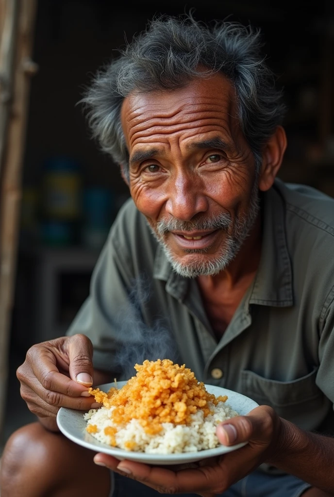 Poor man eating chichirya with rice in Philippines