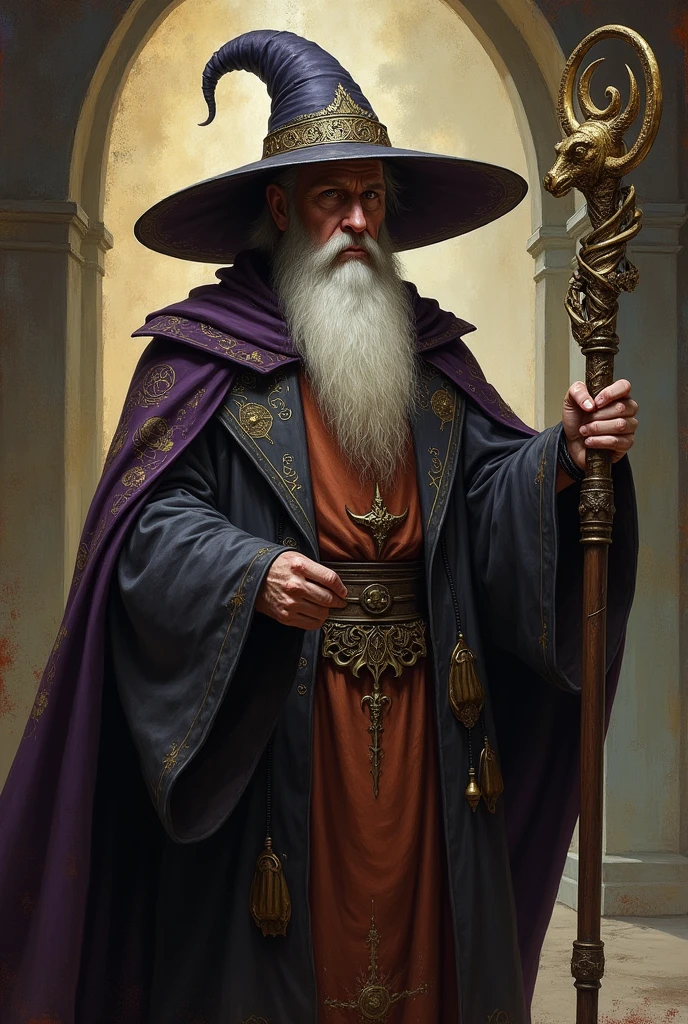 Chaplain Roger, mago do Big hat, wizard sorcerer, Big hat, fantasy RPG, dungeons and dragons, pintura de um mago de Big hat, The Elder Scrolls II aesthetics, Kuno, old school, jovem mago, 40 year old, oil painting