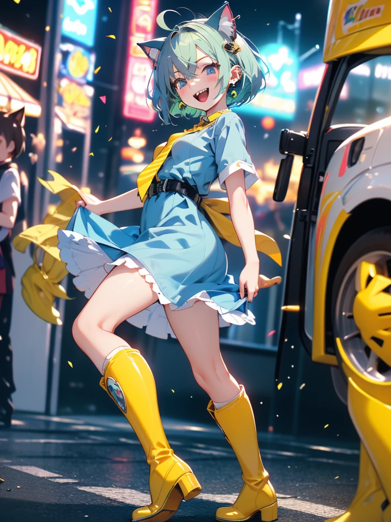 (8k, RAW Photo, Top Quality, Refined Details, Masterpiece: 1.2), (High Resolution 8k Wallpaper), Sharp Focus, Professional Lighting, Depth of Field, Cinematic Lighting, Background Blur, (1Girl:1.4), (small breasts:1.4), Smile, whole body, (white knee-high socks: 1.2), (green hair: 1.2), (blue dress: 1.4), (yellow tie: 1.4), (yellow boots: 1.4), animal ears, short hair, earrings, (cat ears,cat tail:1.2),blue eyes, standing looking back,playing with my boyfriend at the amusement park