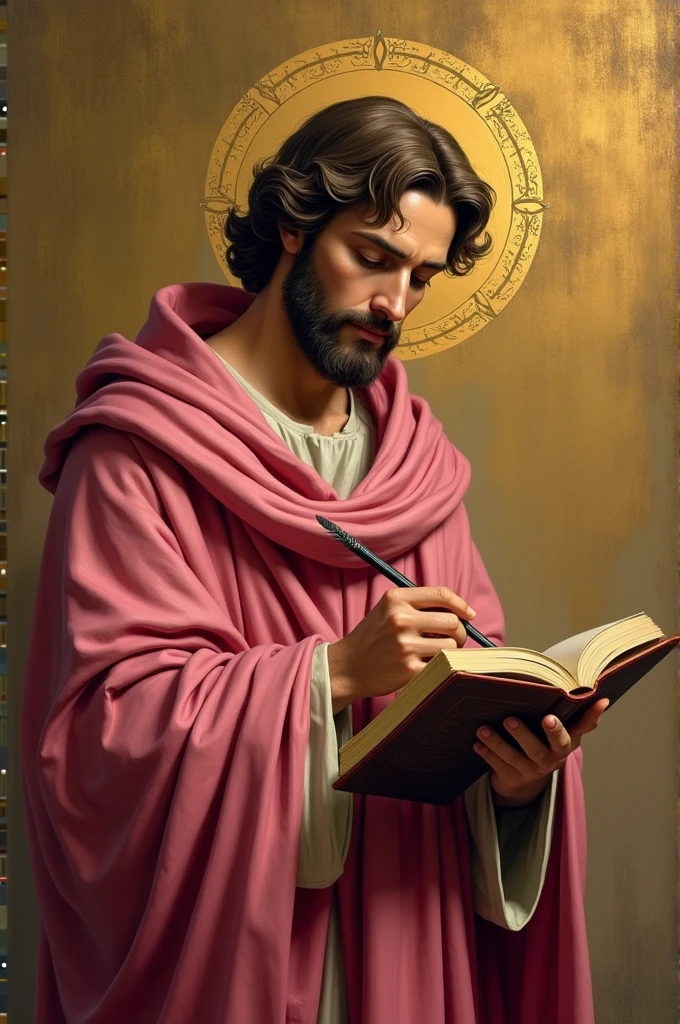 apostle saint matthew, with pinkish red cloak, writing in his book with a quill, and in the background a golden wall.