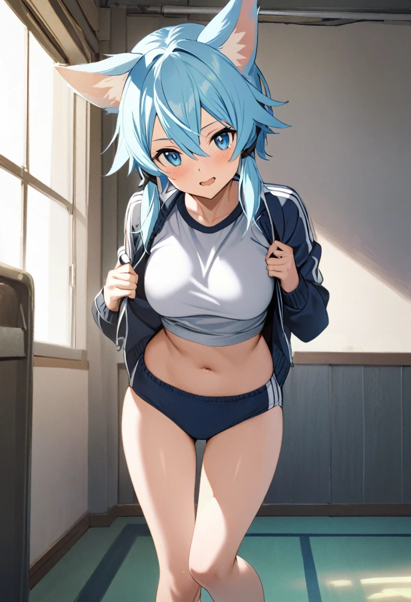 1girl, sinon \(sao-alo\), dog ears,sword art online, ((school gym buruma)),school ground,masterpiece, best quality, absurdres,