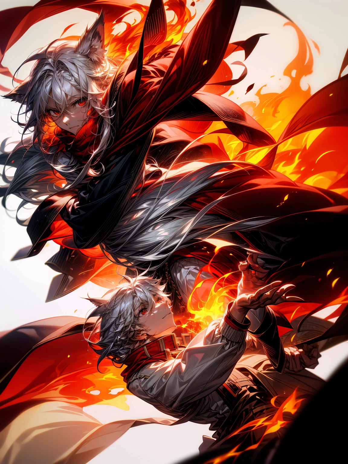 1male, Adult, Long White Hair, White Baggy Long Sleeve Shirt, Baggy Black Pants, Red Eyes, Red Scarf, Earring, Masculine, Dog Ears, Surrounded By Flames, Wolf, Single Hair Braid, Flaming Ears