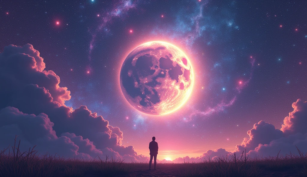 A cosmic scene showing the Full Super Moon surrounded by swirling galaxies and stars. The sky is painted with vibrant hues of purple, blue, and gold. A figure in the foreground is looking up, mesmerized by the cosmic spectacle. The image conveys a sense of cosmic wonder and awe. --ar 16:9