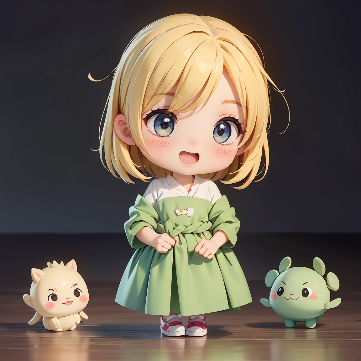 Super Chibi Character：1.8、Blonde Hair、Cute  girl、Cute Costumes、Super Chibi Character：1.8、Wearing cute shoes、Open your mouth wide and laugh