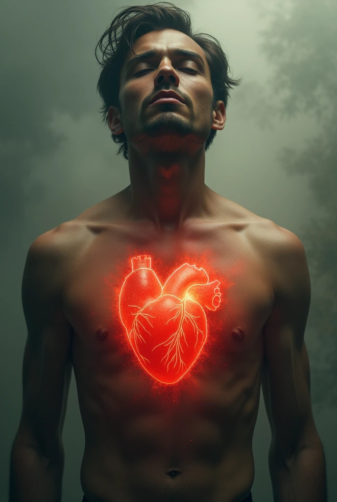 I wanted an image that refers to this love that doesn't fit in the chest, like a heart coming out of the chest., of a man