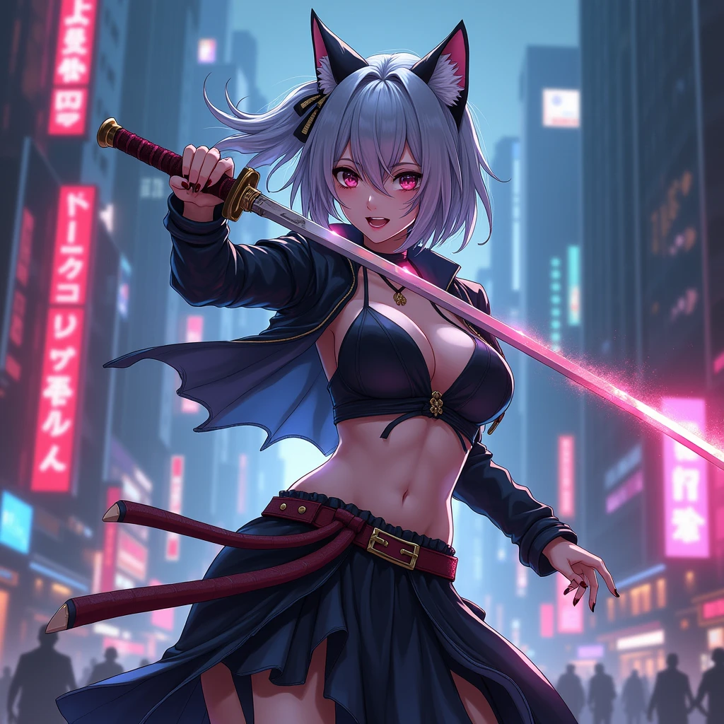 Anime character holding a sword in the night city, Amazing anime 8k, Very beautiful cyberpunk samurai, Anime Style 4k, knife zero video game character, she is holding a knife sword, knife, Artjam and Athi Gairan, dramatic wielding knife pose, Lostrun 8k, unsheathing her knife, Cat ear, Silver Hair, 3D Rendering, A fascinating body, Energetic, Large Breasts, A seductive smile, moving line, 