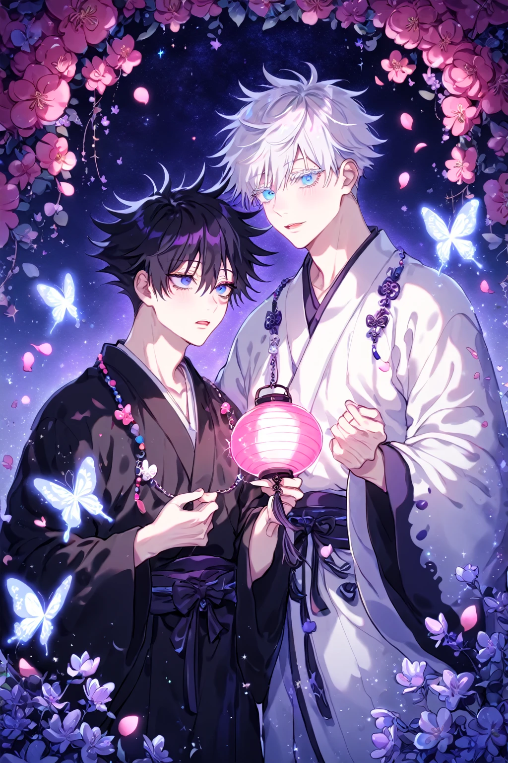 Ultra detailed, Highres, absurdres, HDR, master piece, Gojou Satoru, white hair, expressive blue eyes, white eyelashes, white Chinese robes,  Fushiguro Megumi, black hair, expressive blue eyes, Jujutsu Kaisen, two sexy men together, gay couple, yaoi, pink flowers, pink petals, glittering, purple starry sky, black Chinese robes, holding a pink lantern, accessories, purple flowers, butterflies