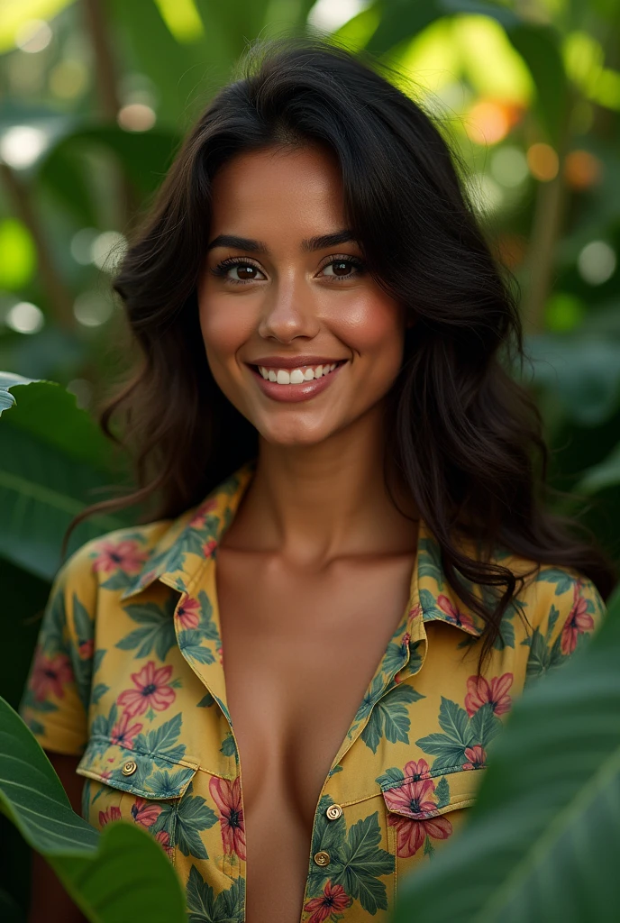 A Brazilian woman in a lush tropical garden, wearing an open shirt with a floral print, with a close-up capturing the harmonious beauty between her breasts and the natural flowers, showing off your natural charm and outgoing personality.