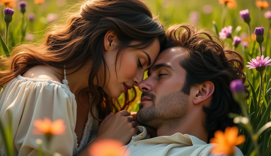 Milla Jovovich and Gerard Butler lie in a meadow surrounded by flowers, Warm summer sun, a light breeze ruffles the woman's hair, They look into each other's eyes, time of knights.