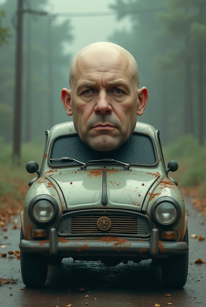 A man's bald head turned into a car