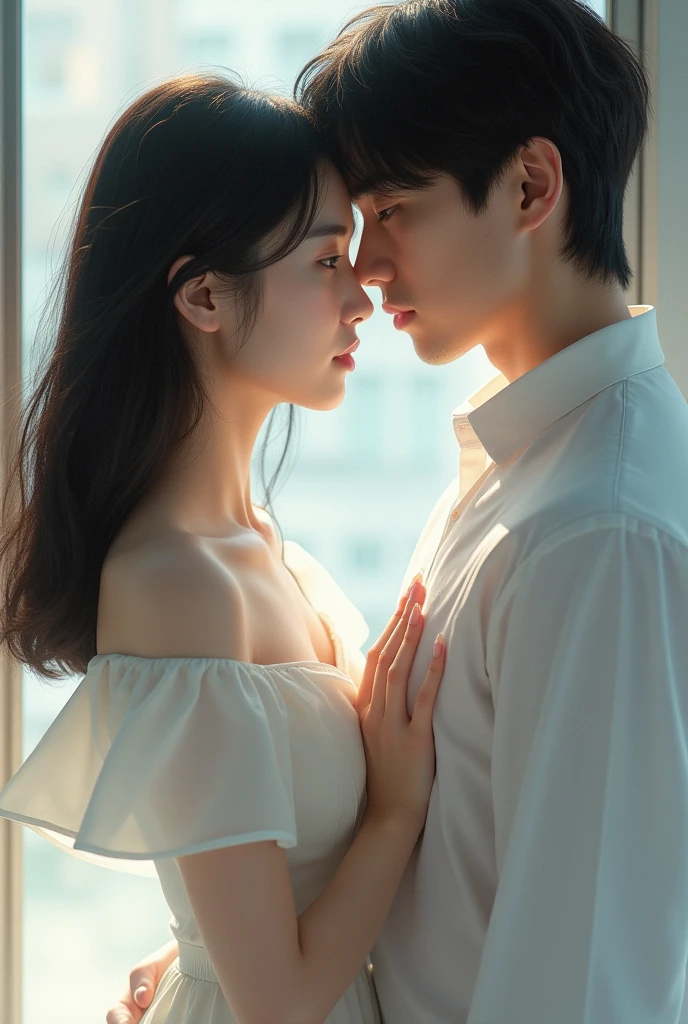 korean woman, shoulder-length black hair, appealing, 1 young man, appealing, wearing long white dress.