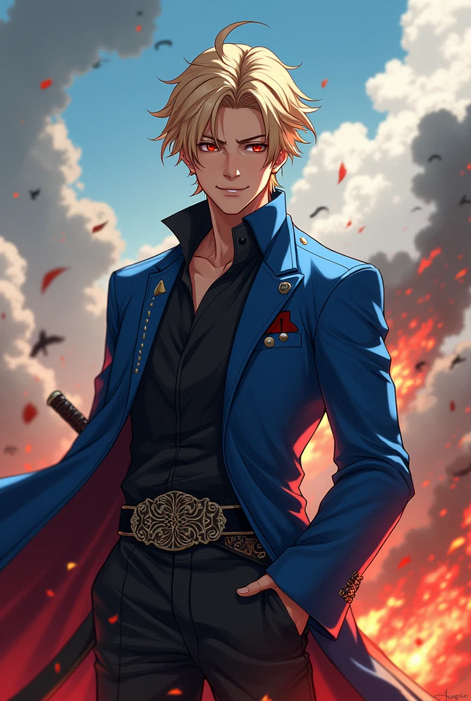 a handsome man,1 boy, Blonde hair, red eyes, at 1, young but attractive face, Modeling look but warm, with a warm smile, with a blue Prince suit on the jacket part while on the bottom black pants , with anime drawing style , with a samurai sword, in the middle of a battlefield