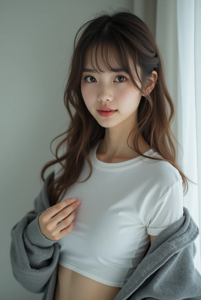 highly detailed, beautiful, hyper Realistic girl, masterpiece, best quality, Depict a mysterious and sophisticated beautiful Japanese gravure model,, 28-years-old, identity hidden, all body shot, / gray arranged hair, small head, Detailed face, cute and Pretty slim face, wide Duck mouth, perfect beautiful Tooth, arranged gray hair, shiny eyes, blue-colored eyes, Realistic skin, Detailed face, / (highest quality), (Ultra-detailed), (Lift up your shirt、Underboob:1.3), (Detailed light), (Very delicate and beautiful、、Jacket、White T-shirt:1.3), 1. Young Girl, Brown Hair, Brown eyes, model, highest quality, Highly detailed CG synthesis 8k wallpaper, High-definition RAW color photos, bright、Sexy pose、(Are thin:1.4)、Slightly 、Beautiful breasthort hair、((Naughty pose、I can see your thighs))、Cowboy Shot //// simple white single room, gray frame mirror, complicated background /// takes a selfie in her room using a smartphone in front of a mirror with one hand, standing and fashion model Posing, all body below shot, looking away from the camera,