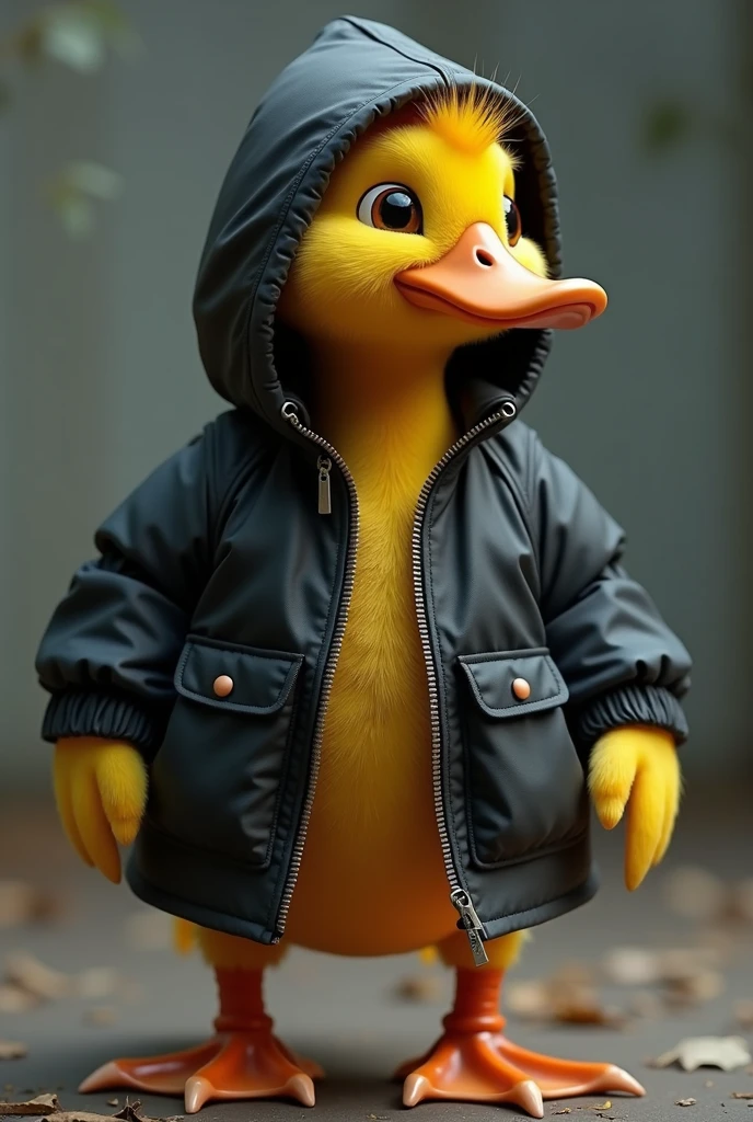 the duck has bright yellow plumage., but instead of its usual plumage, He is wearing a black hooded jacket that fits him very well... The hood covers your head and neck., giving it a very cool and modern look. the duck'eyes shine with curiosity, and their wings are ready to unfold at any moment.